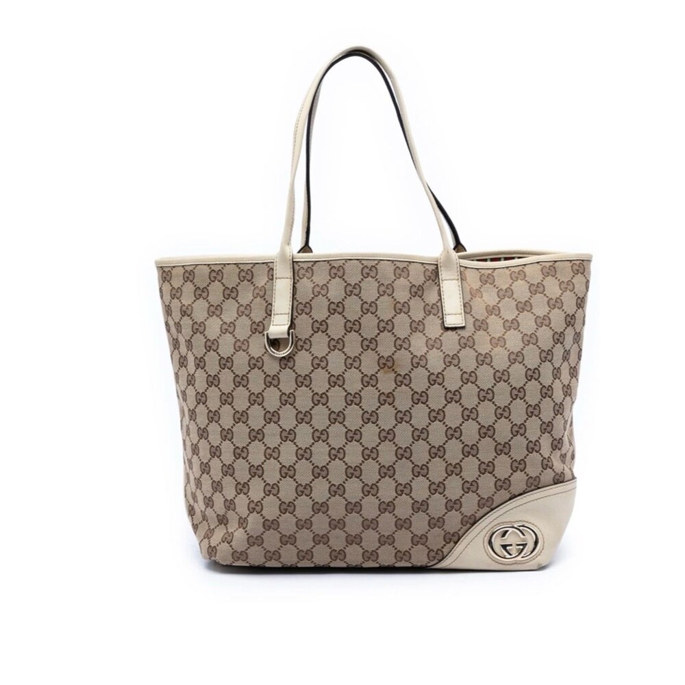 Gucci Beige GG Canvas New Britt Tote with Cream Leather Trim